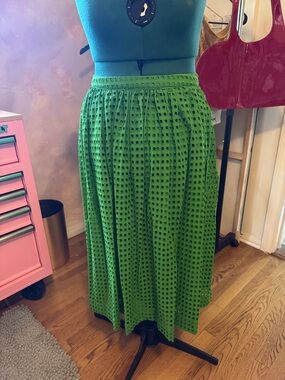 Green Eyelet Midi Skirt with back Elastic Waist